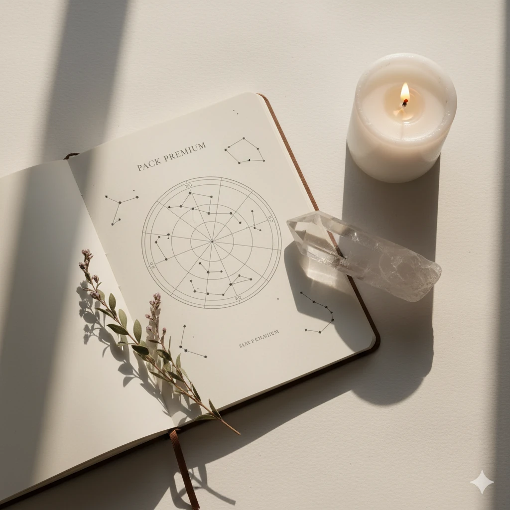 Mesa com caderno aberto, uma vela acesa e luz da manhã